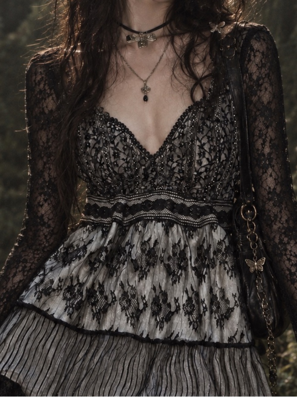 Vintage Black Lace Mesh Babydoll Top Sheer Sleeves Tie Back Y2K Goth Dark Fairy